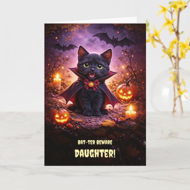 Carte Fille Joyeux Halloween Mignon Chat Vampire Chaton  (Fleur jaune)