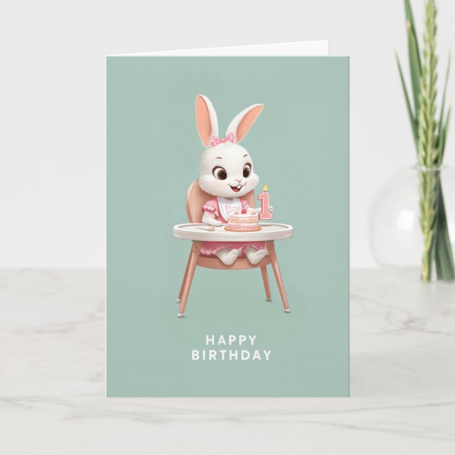 Carte Fille Lapin Bébé dans Chaise Haute Gâteau de 1er A (Devant)