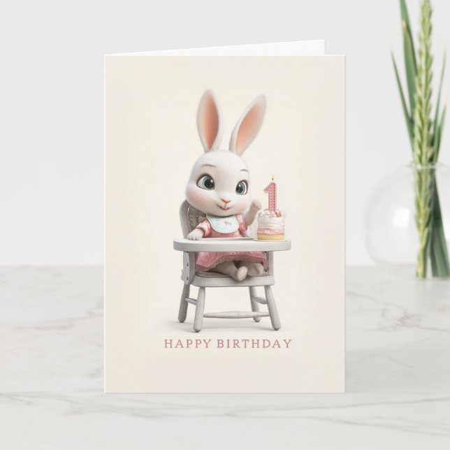 Carte Fille Lapin Bébé dans Chaise Haute Gâteau de 1er A (Devant)