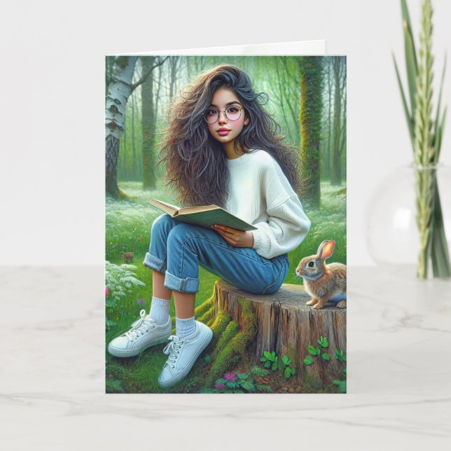 Carte Fille Lire Un Livre Avec Lapin (Devant)