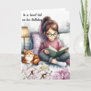 Carte Fille lisant des livres et anniversaire de chat