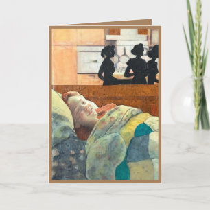 Carte fille malade heureuse au lit soignée, va bien