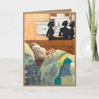 Carte fille malade heureuse au lit soignée, va bien