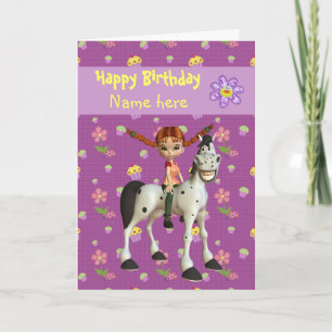 Carte Fille mignonne, Cheval & Fleurs Anniversaire perso