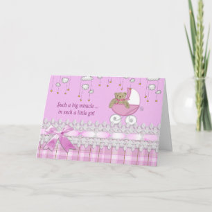 Carte Fille ours en peluche dans un landau