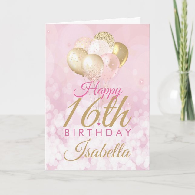 Carte Fille Parties scintillant rose Ballons 16e anniver (Devant)