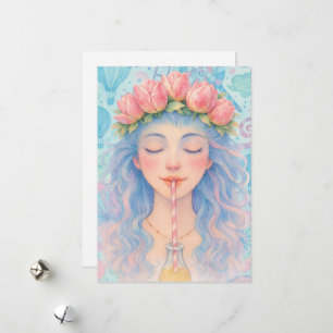 Carte Fille Pastel Rêveuse avec Couronne de Fleurs