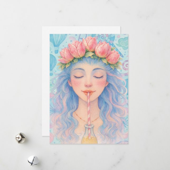 Carte Fille Pastel Rêveuse avec Couronne de Fleurs (Devant/Arrière en situation)