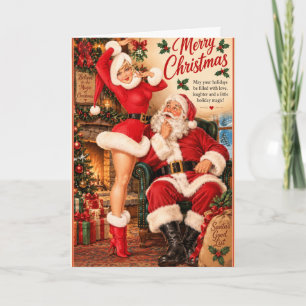 Carte Fille pin-up de Noël vintage et Père Noël