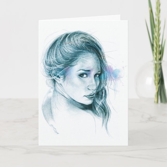 Carte Fille portrait dessin au crayon Bleu (Devant)