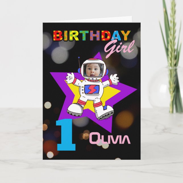 Carte fille pour son 1er anniversaire thème astronaute e (Devant)