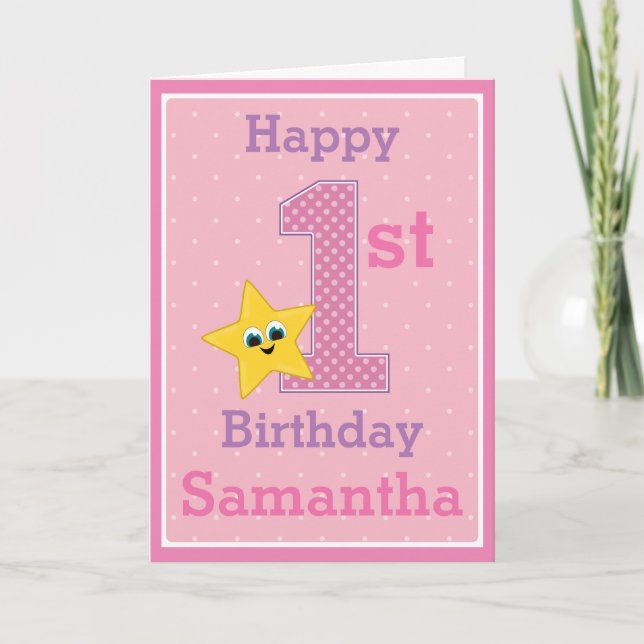 Carte Fille premier anniversaire, rose avec étoile jaune (Devant)
