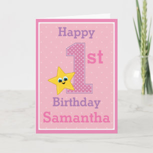 Carte Fille premier anniversaire, rose avec étoile jaune
