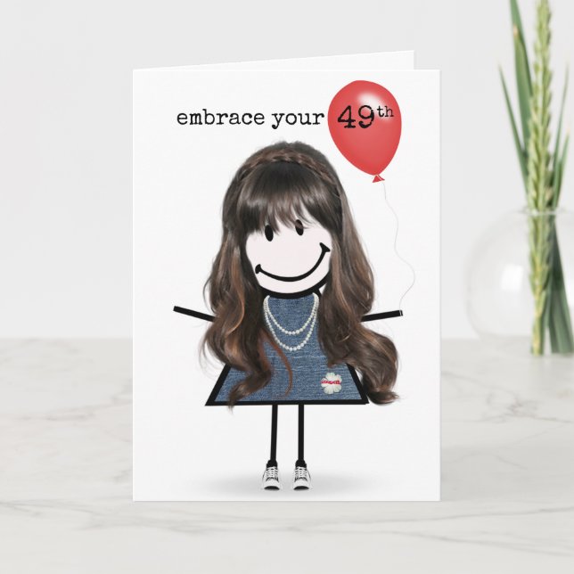Carte Fille silhouette 49e anniversaire avec ballon roug (Devant)