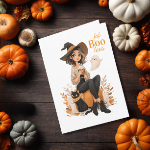 Carte Fille sorcière Café Chat & Citrouille Halloween Mi