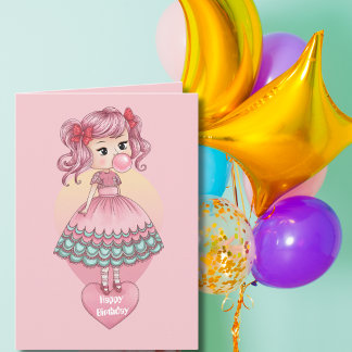 Carte Fille soufflant une bulle de chewing-gum rose, Ann