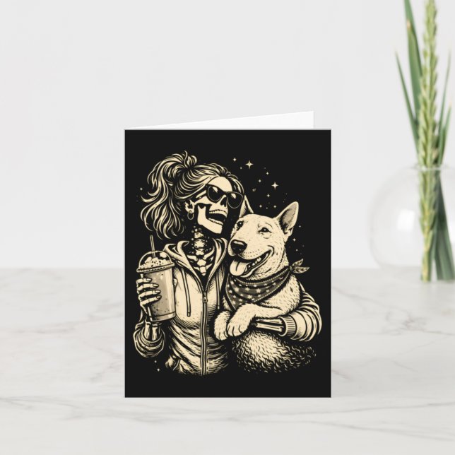 Carte Fille squelette cool avec chien - Amoureux de comp (Devant)