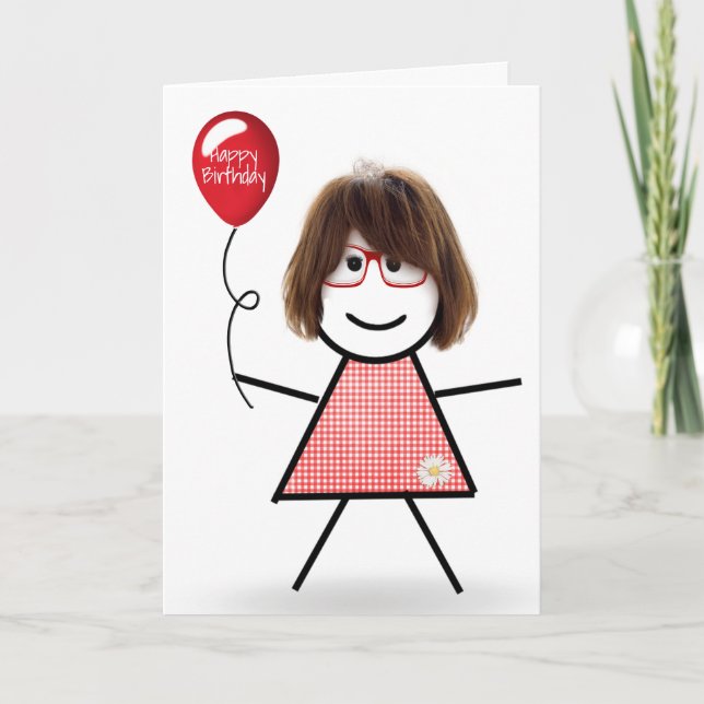 Carte Fille Stick Anniversaire Gingham avec Ballon Rouge (Devant)