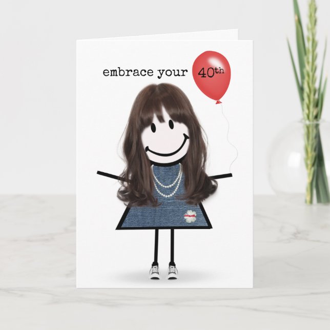 Carte Fille stick figure 40 ans avec ballon rouge (Devant)