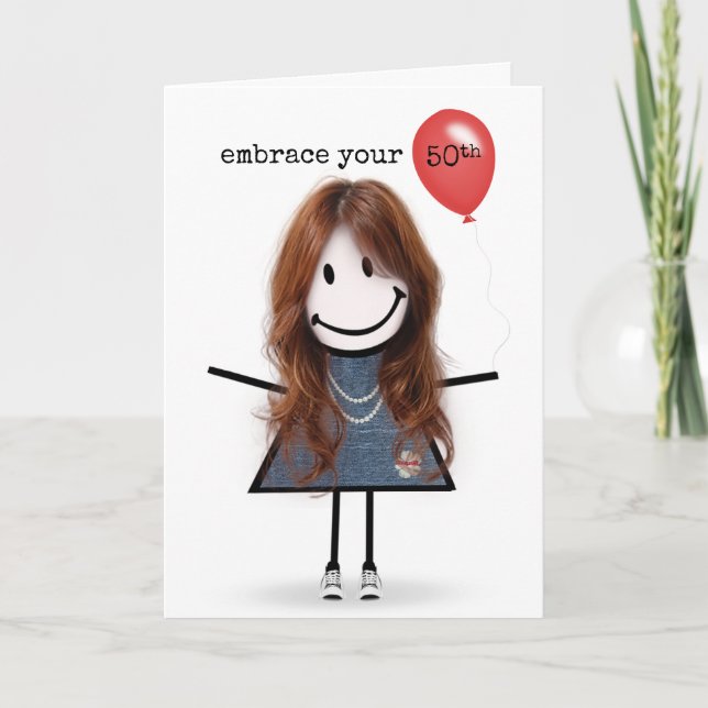 Carte Fille stick figure 50 ans avec ballon rouge (Devant)