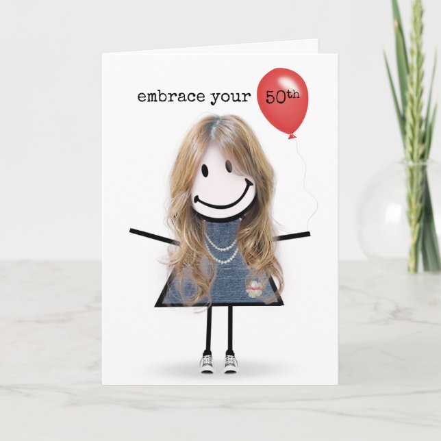 Carte Fille stick figure 50 ans avec ballon rouge (Devant)