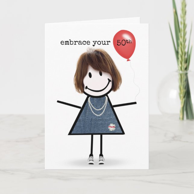 Carte Fille stick figure 50 ans avec ballon rouge (Devant)