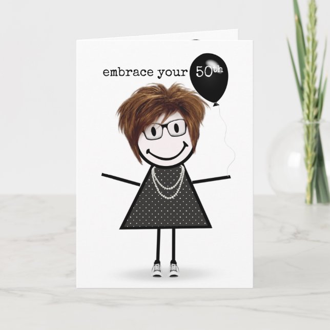 Carte Fille stick figure 50e anniversaire avec ballon   (Devant)
