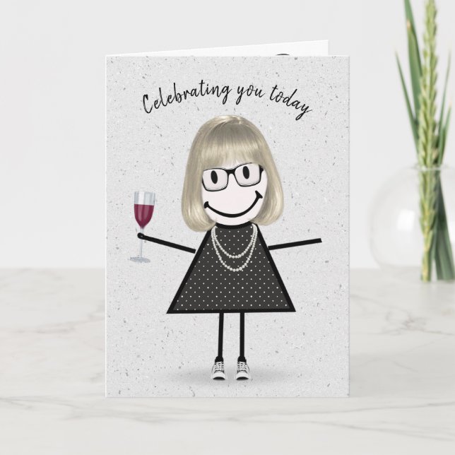 Carte Fille Stick Figure d'anniversaire avec du vin roug (Devant)