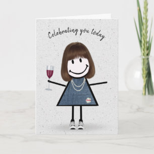 Carte Fille Stick Figure d'anniversaire avec Verre à Vin