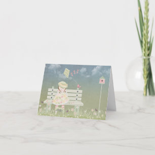 Carte Fille sur banc oiseau et cerf-volant