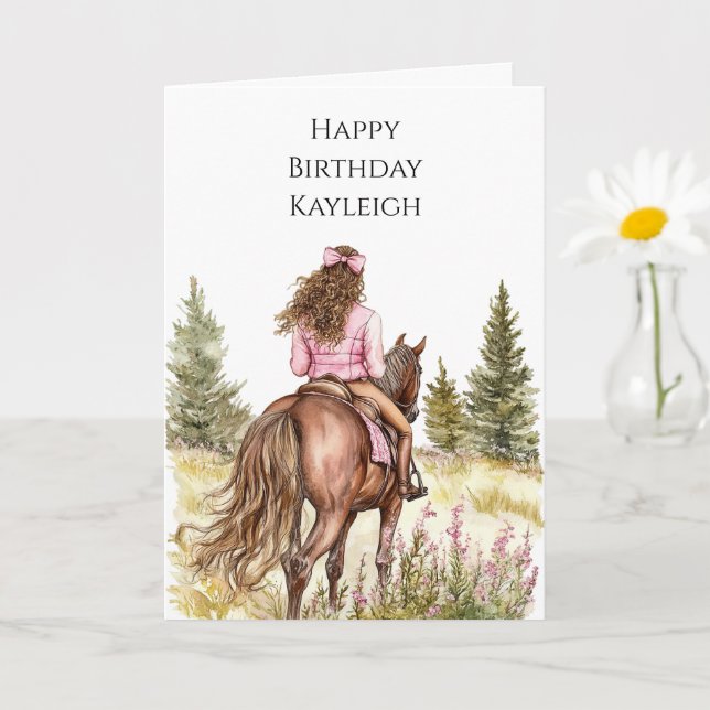 Carte Fille sur cheval Arbres Fleurs Anniversaire (Petite plante)