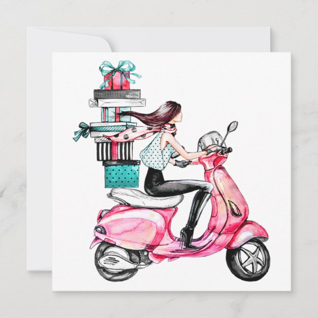 Carte Fille sur scooter portant des cadeaux (Devant)