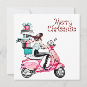 Carte Fille sur scooter portant des cadeaux Joyeux Noël
