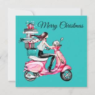 Carte Fille sur scooter transportant des cadeaux