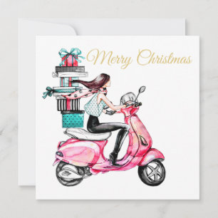 Carte Fille sur scooter transportant Présents Noël