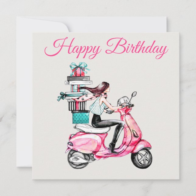 Carte Fille sur un scooter avec des cadeaux (Devant)