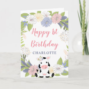 Carte Fille vache de gerbe florale 1er anniversaire
