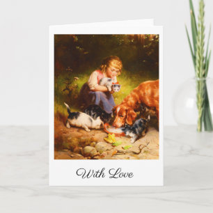 Carte Fille Victorienne avec des chatons et un chien Art