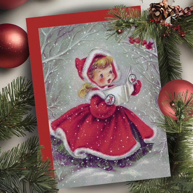 Carte Fille vintage aux oiseaux neigeux Noël personnalis (Vintage Girl With Snow Birds Custom Christmas Card. Add a special message and your name!)