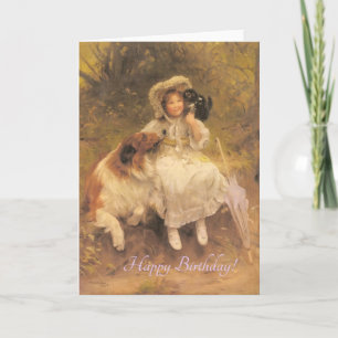 Carte Fille Vintage Avec Animaux, Anniversaire