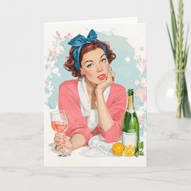 Carte Fille Vintage avec du Champagne Rose (Devant)