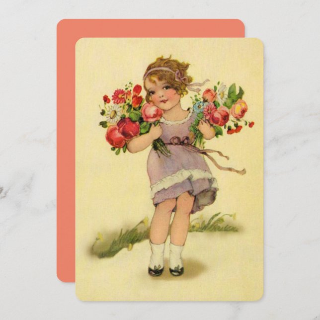 Carte Fille vintage des fleurs de printemps (Devant / Derrière)