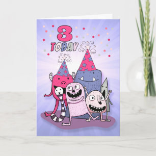 Carte Filles 3e anniversaire de Monstre rose et pourpre