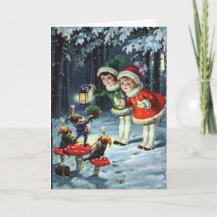 Carte Filles anciennes avec lutins de Noël