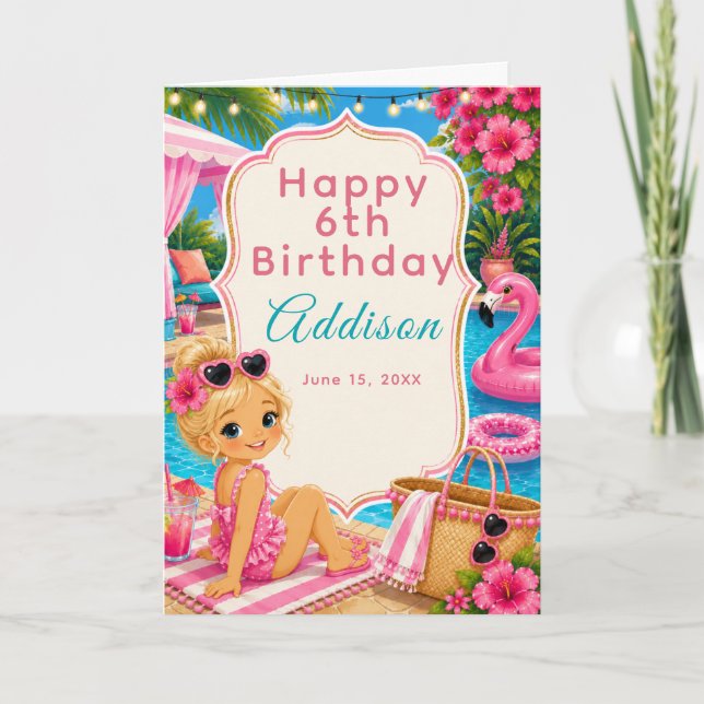 Carte Filles de fête d'anniversaire piscine rose  (Devant)