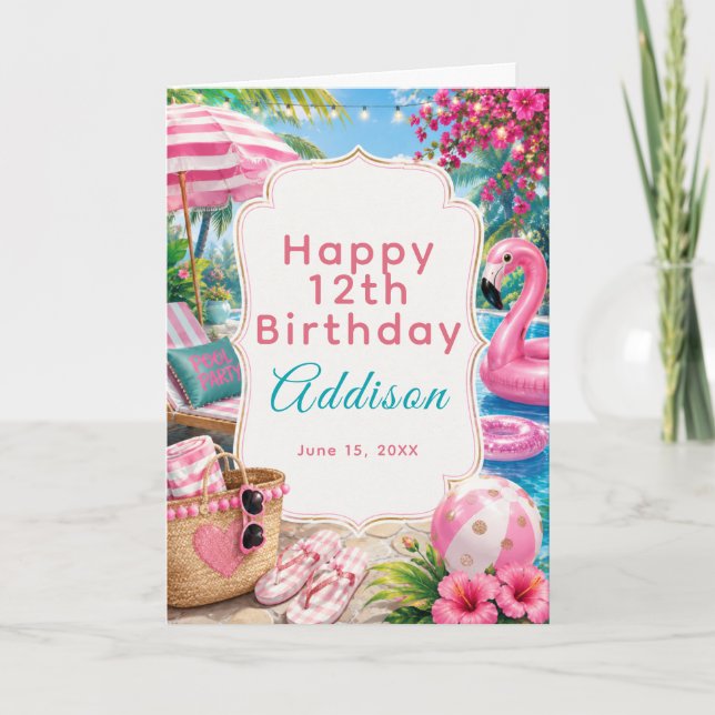 Carte Filles de fête d'anniversaire piscine rose  (Devant)