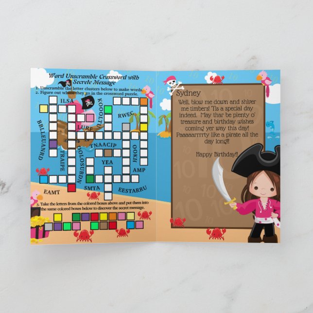 Carte Filles Pirate Capitaine Secret Message Joyeux Anni (Intérieur)