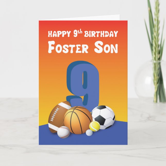 Carte Fils adoptif 9e anniversaire Ballons de sport (Devant)