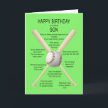 Carte Fils, blagues de baseball d'anniversaire<br><div class="desc">Pour un fils,  une drôle de carte d'anniversaire. Une carte amusante montrant un baseball et des chauves-souris avec beaucoup de blagues de baseball vraiment mauvais. Une carte pour le sportif avec un sens de l'humour. Voyez toute la gamme d'âges et de relations dans mon magasin.</div>