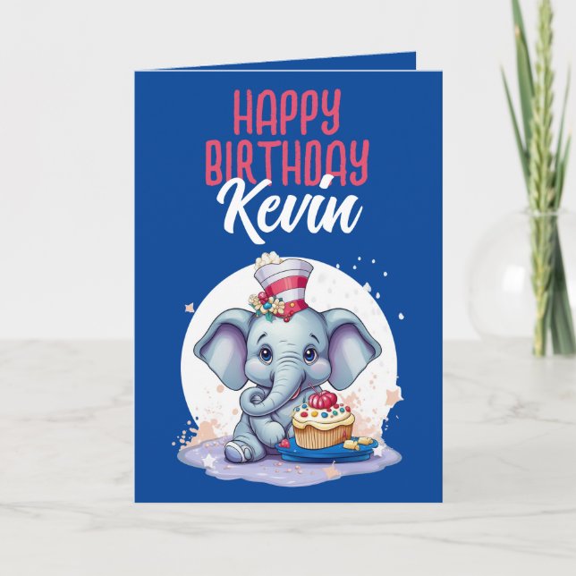 Carte Fils Eléphant bleu et blanc mignon Anniversaire (Devant)